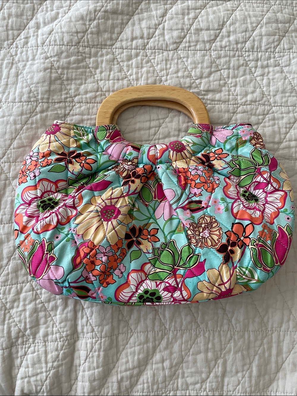 Vera Bradley Floral Wooden-Handle Tote in Aqua with Pink & Orange Accents